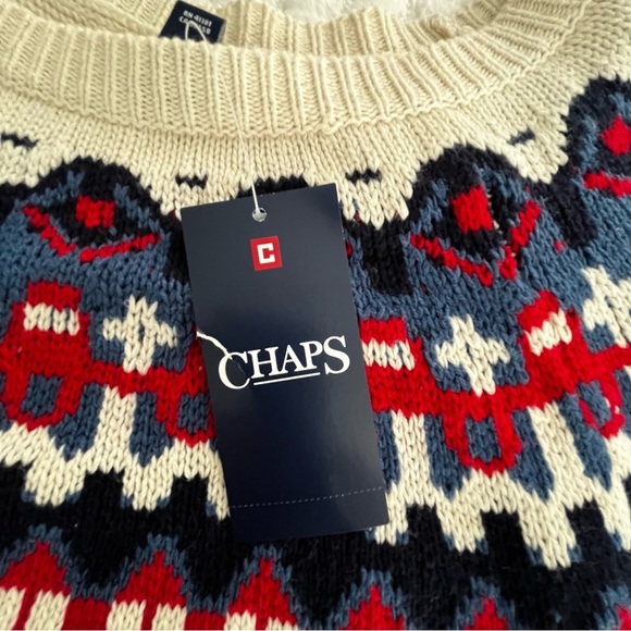 Chaps Women’s Sweater Large Oversized Off-white Knit Ski Fair-Isle Blue Red Soft - Picture 9 of 9